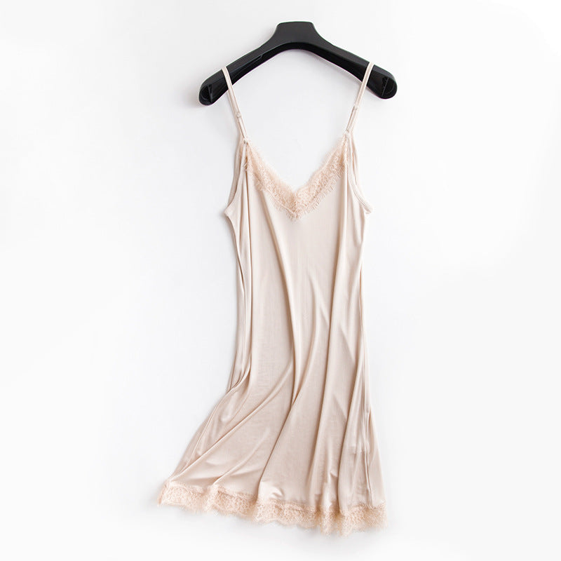 Tangge Spring and Summer Mulberry Silk Loose V-neck Lace Silk Sling Nightdress Sexy Pajamas Silk Base Petticoat