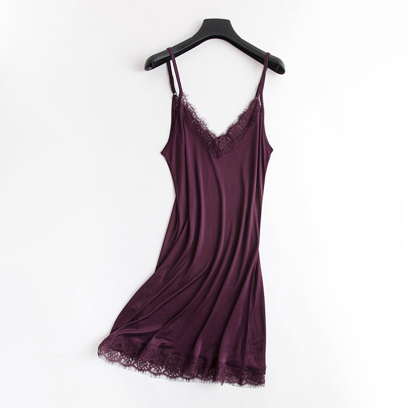 Tangge Spring and Summer Mulberry Silk Loose V-neck Lace Silk Sling Nightdress Sexy Pajamas Silk Base Petticoat