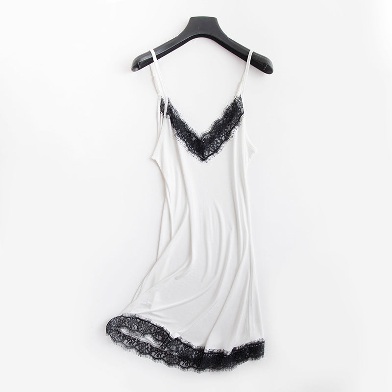 Tangge Spring and Summer Mulberry Silk Loose V-neck Lace Silk Sling Nightdress Sexy Pajamas Silk Base Petticoat