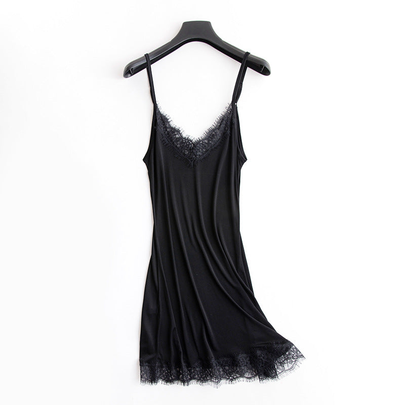 Tangge Spring and Summer Mulberry Silk Loose V-neck Lace Silk Sling Nightdress Sexy Pajamas Silk Base Petticoat