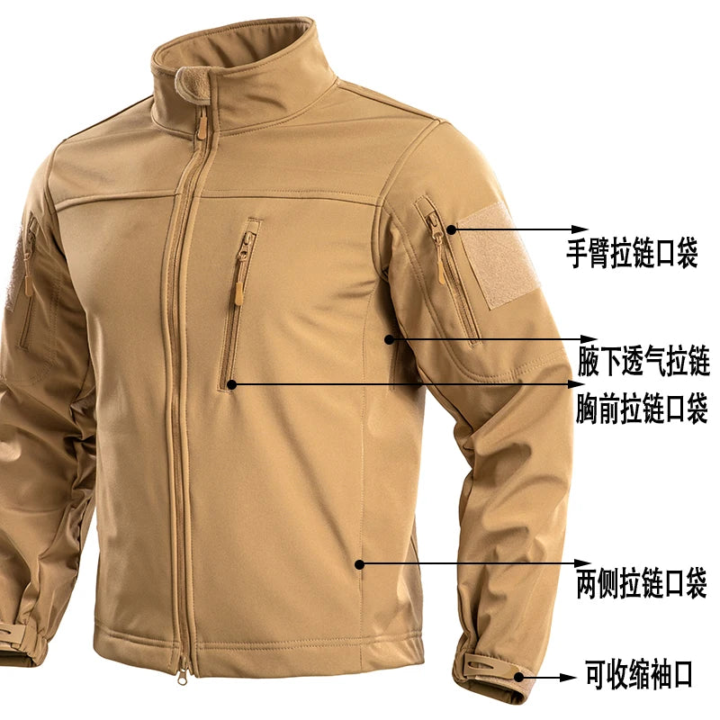 Outdoor Casual Tactical Bomber Jacket for Men Waterproof Windproof Zipper Autumn/Winter Version Fleece Lining Multiple Pockets