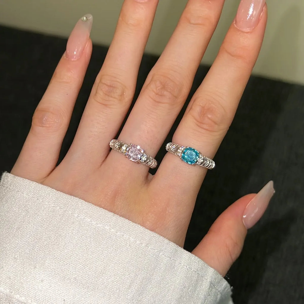 Dylam Hypoallergenic 925 Sterling Silver Square Pink Blue Sapphire Ring Anniversary Engagement Cz Zircon Wedding Rings for Women