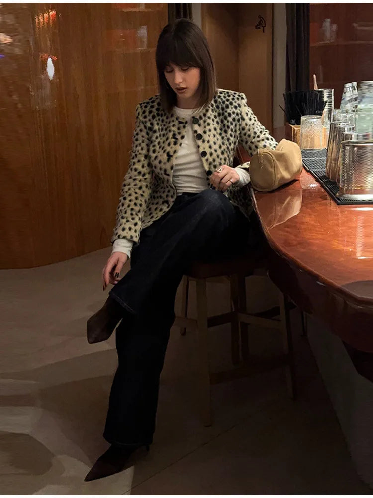 Retro Leopard Faux Fur Short Coat Lady Chic O-neck Single Button Placket Spotted Dot Cropped Long Sleeve Outerwear Street Jacket