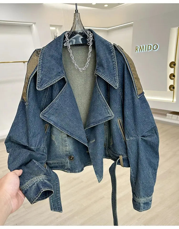 Vintage Blue Jeans Jacket Women's Short Coat Loose Denim Jackets Bomber Jacket Long-sleeved Top Design Aesthetic Goth Trendy