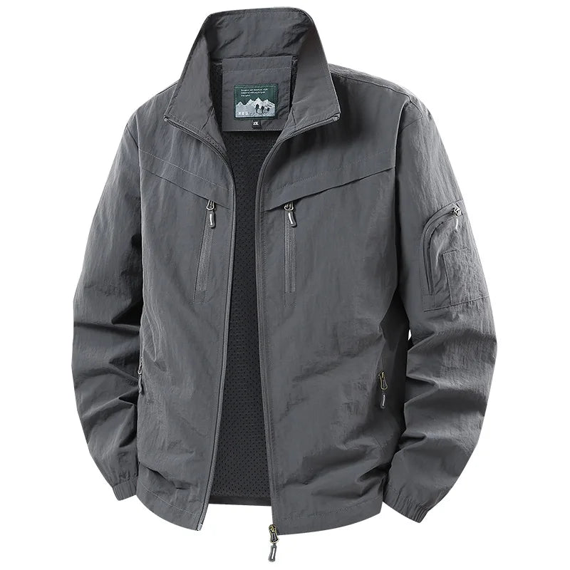 Spring Autumn Men's Jacket Thin Outdoor Fishing Travel Loose Casual Stand Collar Coat Versatile Trendy Large Size Polyester F...