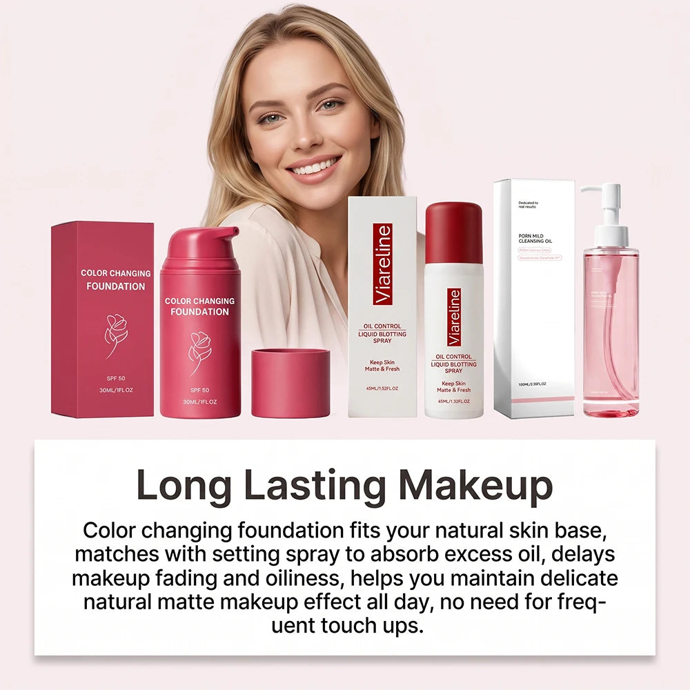 3-in-1 Makeup Kit Cleansing Oil Setting Spray Foundation Matte Long-Lasting Gentle Hydrating Natural Finish Daily Set