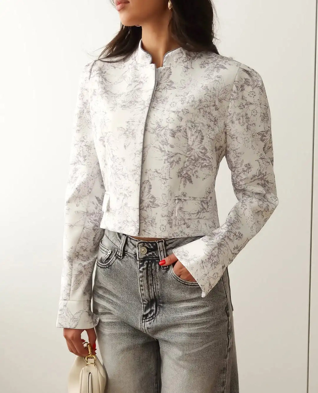 Printed Stand Collar Cropped Jacket Women Slim Open Front Short Coat2026 Autumn Long Sleeve Elegant Office Daily Commuter Outwea