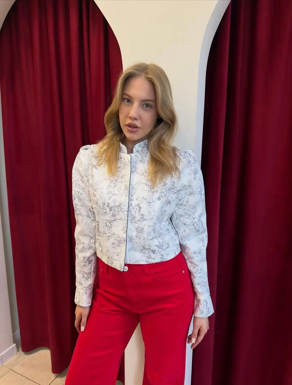 Printed Stand Collar Cropped Jacket Women Slim Open Front Short Coat2026 Autumn Long Sleeve Elegant Office Daily Commuter Outwea