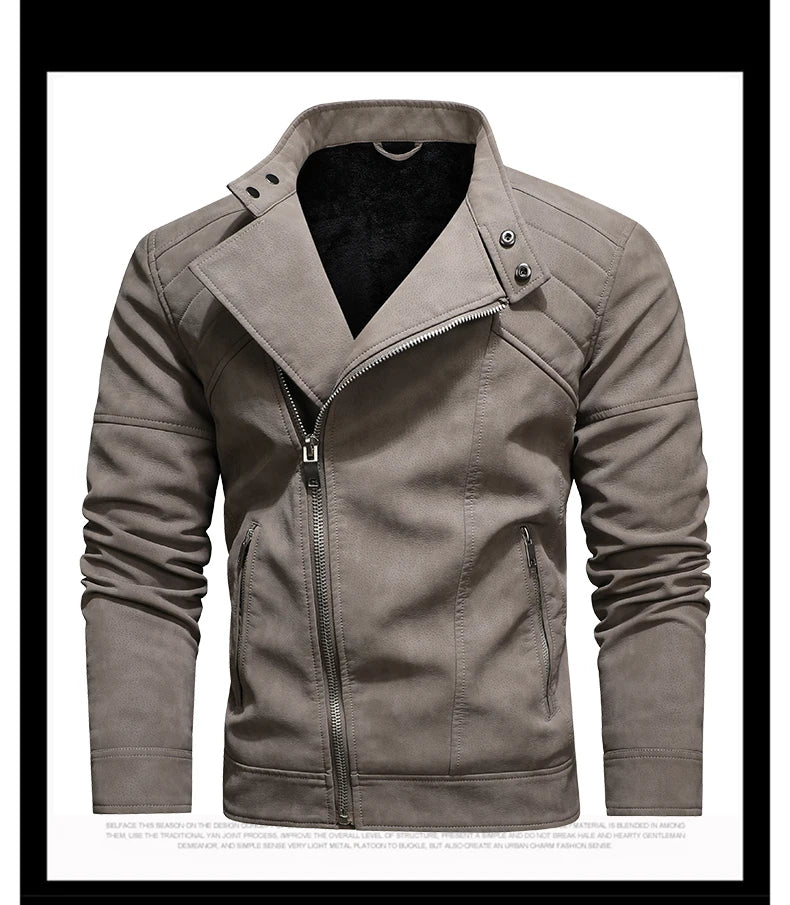 Men's PU Leather Jacket with Fleece Large Lapel Diagonal Front Zip Stand-Up Collar Autumn Winter Warm Casual Coat