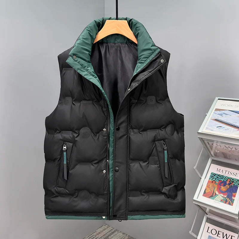 Autumn and Winter Men's Down Cotton Vest Men Windproof Warm Vest Jackets New Trend Fashion Zipper Hooded Solid Color Vest Coat