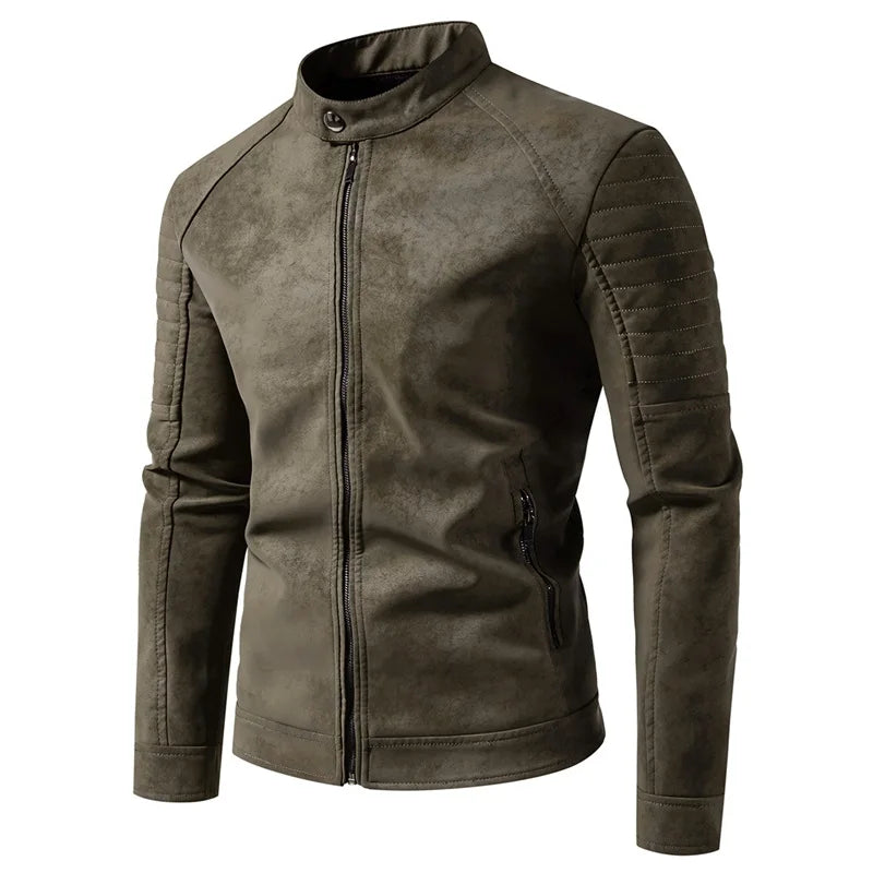 Autumn Winter Breathable Solid Windproof Men Coat New Casual Retro Leather Jacket Outdoors Fashion Versatile Stand Collar Tops