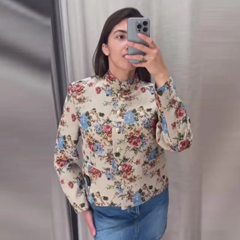 Printed Stand Collar Cropped Jacket Women Slim Open Front Short Coat2026 Autumn Long Sleeve Elegant Office Daily Commuter Outwea