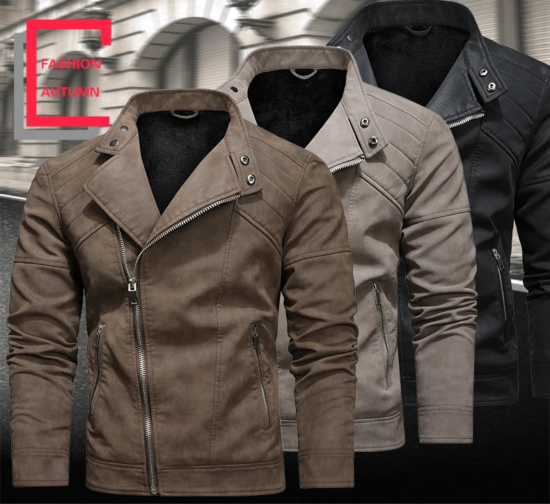 Men's PU Leather Jacket with Fleece Large Lapel Diagonal Front Zip Stand-Up Collar Autumn Winter Warm Casual Coat