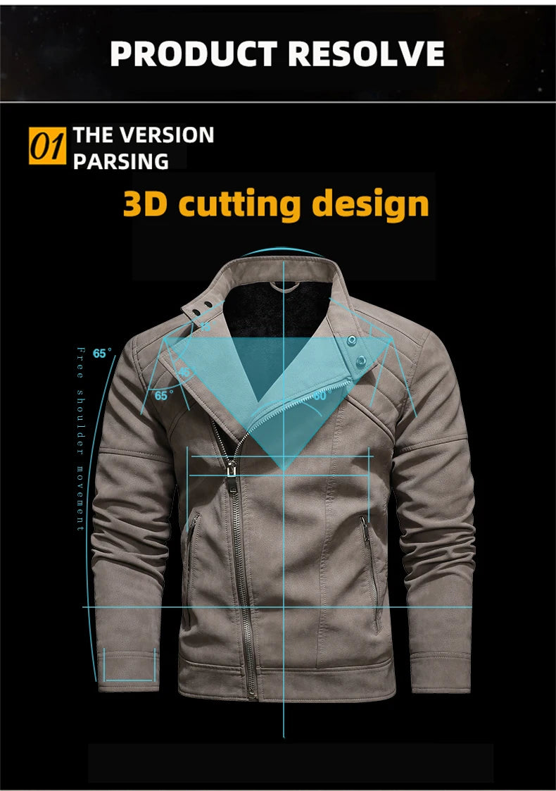 Men's PU Leather Jacket with Fleece Large Lapel Diagonal Front Zip Stand-Up Collar Autumn Winter Warm Casual Coat