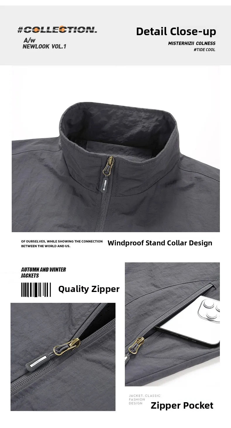 Spring Autumn Men's Jacket Thin Outdoor Fishing Travel Loose Casual Stand Collar Coat Versatile Trendy Large Size Polyester F...