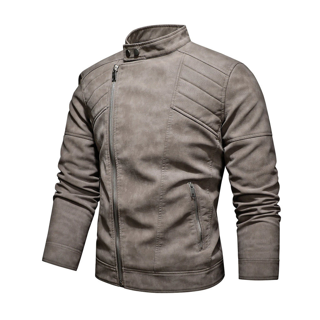 Men's PU Leather Jacket with Fleece Large Lapel Diagonal Front Zip Stand-Up Collar Autumn Winter Warm Casual Coat