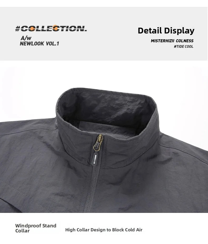 Spring Autumn Men's Jacket Thin Outdoor Fishing Travel Loose Casual Stand Collar Coat Versatile Trendy Large Size Polyester F...