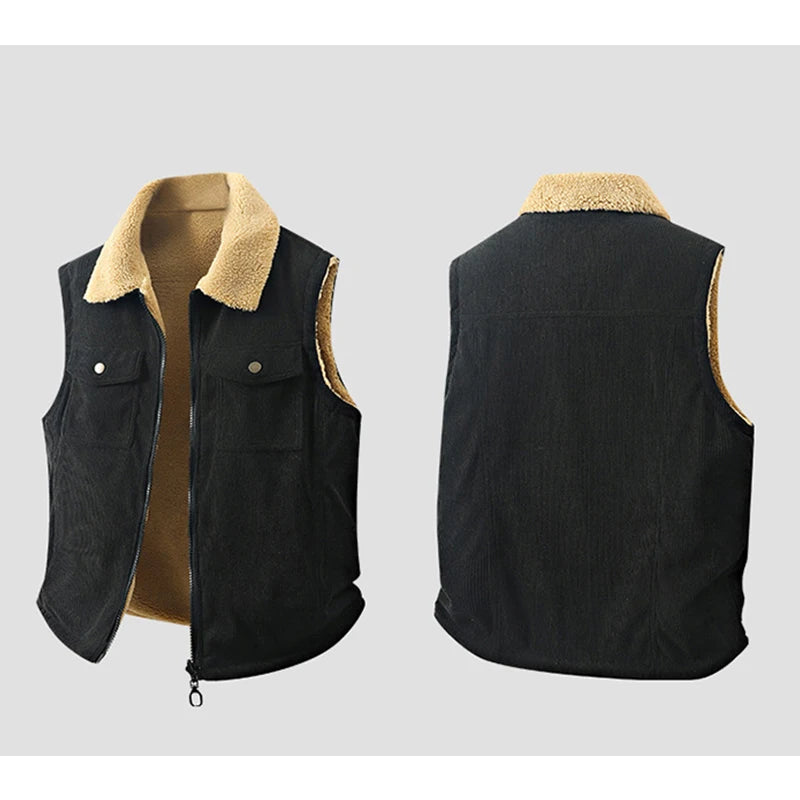 Winter New Men Fleece Warm Vest Men Thick Windproof Corduroy Waistcoats Autumn Outdoor Casual High Quality Sleeveless Vest Male