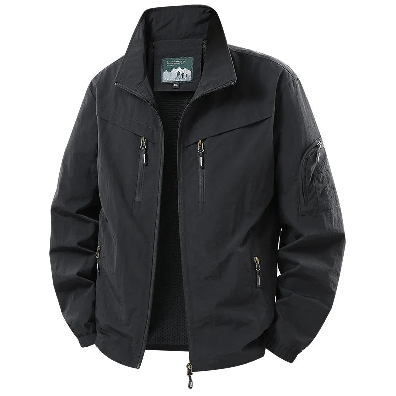 Spring Autumn Men's Jacket Thin Outdoor Fishing Travel Loose Casual Stand Collar Coat Versatile Trendy Large Size Polyester F...