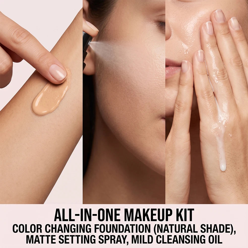 3-in-1 Makeup Kit Cleansing Oil Setting Spray Foundation Matte Long-Lasting Gentle Hydrating Natural Finish Daily Set