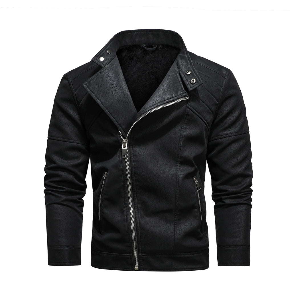 Men's PU Leather Jacket with Fleece Large Lapel Diagonal Front Zip Stand-Up Collar Autumn Winter Warm Casual Coat