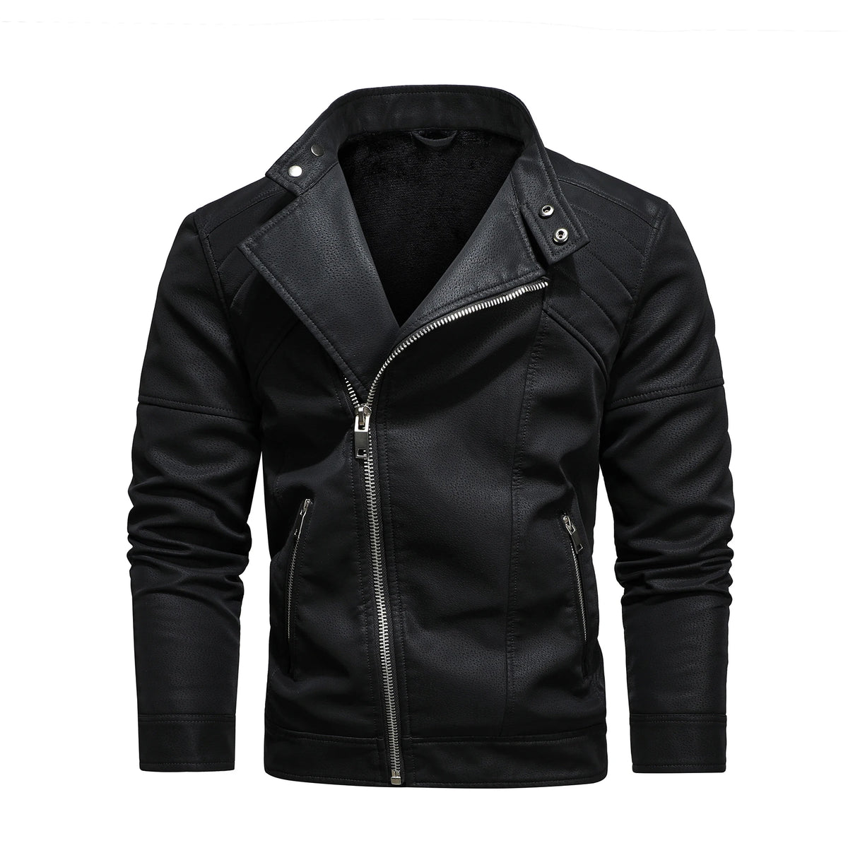 Men's PU Leather Jacket with Fleece Large Lapel Diagonal Front Zip Stand-Up Collar Autumn Winter Warm Casual Coat