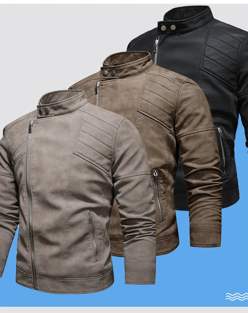 Men's PU Leather Jacket with Fleece Large Lapel Diagonal Front Zip Stand-Up Collar Autumn Winter Warm Casual Coat