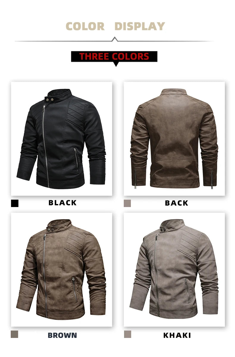Men's PU Leather Jacket with Fleece Large Lapel Diagonal Front Zip Stand-Up Collar Autumn Winter Warm Casual Coat