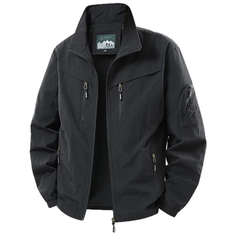 Spring Autumn Men's Jacket Thin Outdoor Fishing Travel Loose Casual Stand Collar Coat Versatile Trendy Large Size Polyester F...