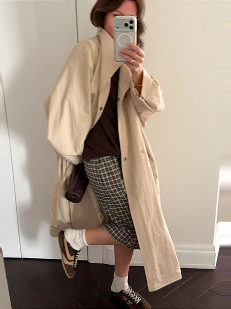 Women Oversized Stand Collar Trench Coat Loose Snap Button Full Sleeve Long Windbreaker 2026 Autumn New Lady Casual Outfits