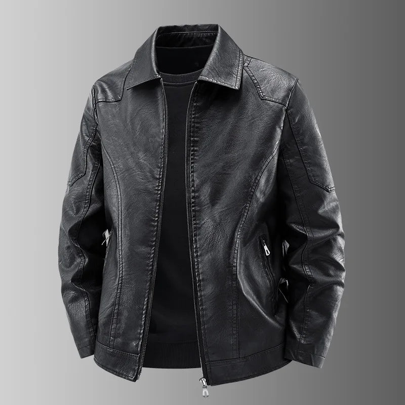 Men's Fashion Motorcycle Style Leather Jacket Autumn Winter Slim Fit Zipper Closure Casual Korean Large Size Coat Outerwear