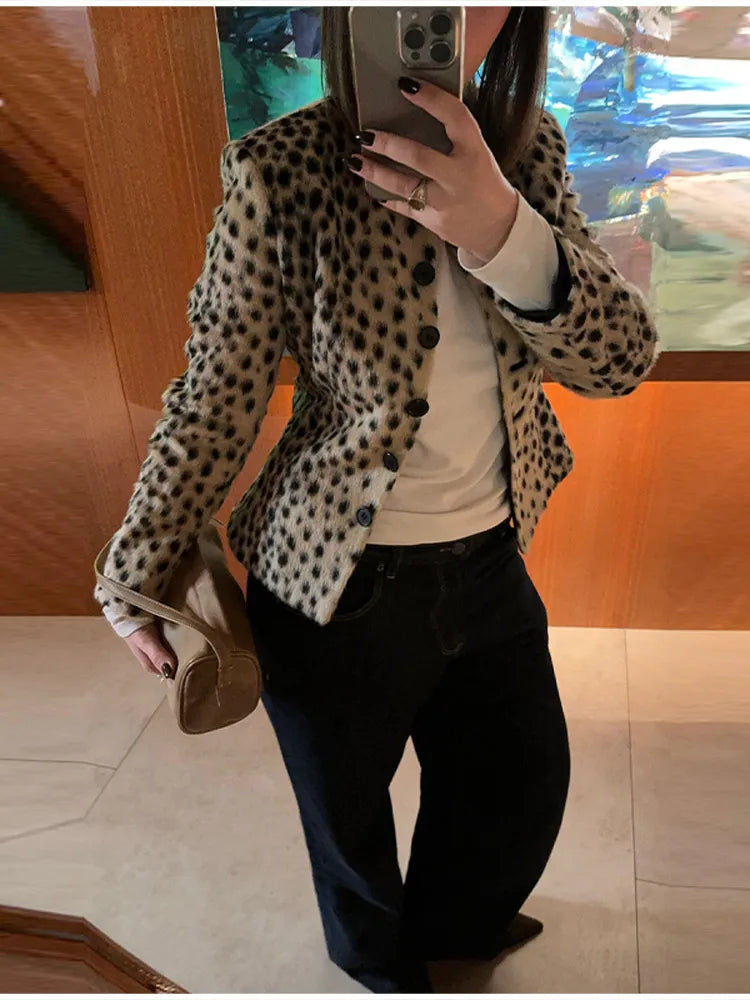 Retro Leopard Faux Fur Short Coat Lady Chic O-neck Single Button Placket Spotted Dot Cropped Long Sleeve Outerwear Street Jacket