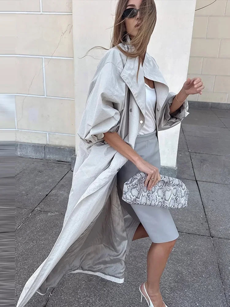 Women Oversized Stand Collar Trench Coat Loose Snap Button Full Sleeve Long Windbreaker 2026 Autumn New Lady Casual Outfits