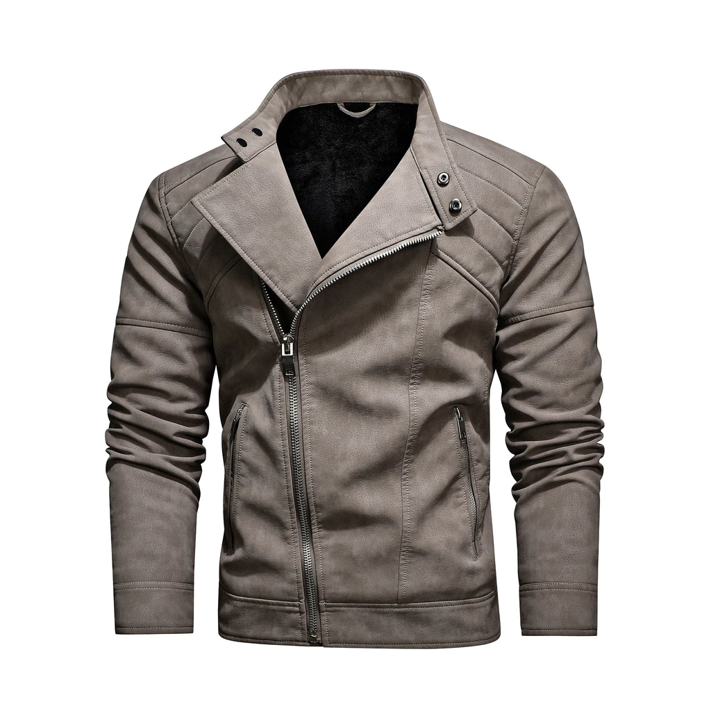 Men's PU Leather Jacket with Fleece Large Lapel Diagonal Front Zip Stand-Up Collar Autumn Winter Warm Casual Coat