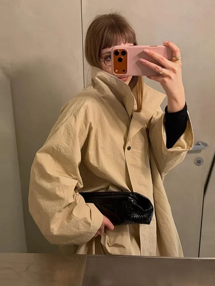 Women Oversized Stand Collar Trench Coat Loose Snap Button Full Sleeve Long Windbreaker 2026 Autumn New Lady Casual Outfits