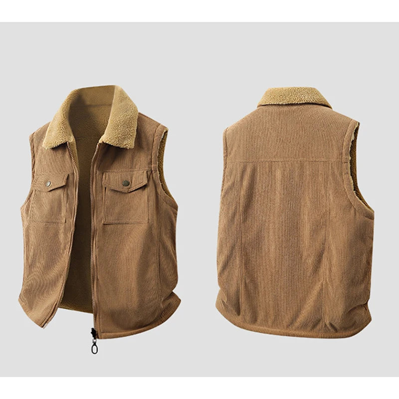 Winter New Men Fleece Warm Vest Men Thick Windproof Corduroy Waistcoats Autumn Outdoor Casual High Quality Sleeveless Vest Male