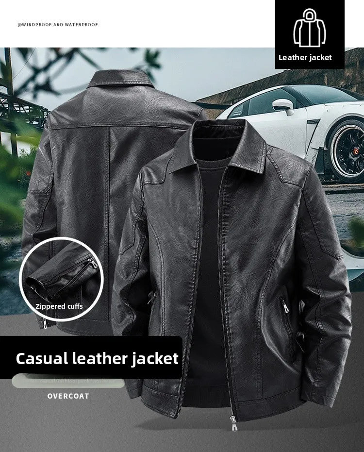 Men's Fashion Motorcycle Style Leather Jacket Autumn Winter Slim Fit Zipper Closure Casual Korean Large Size Coat Outerwear
