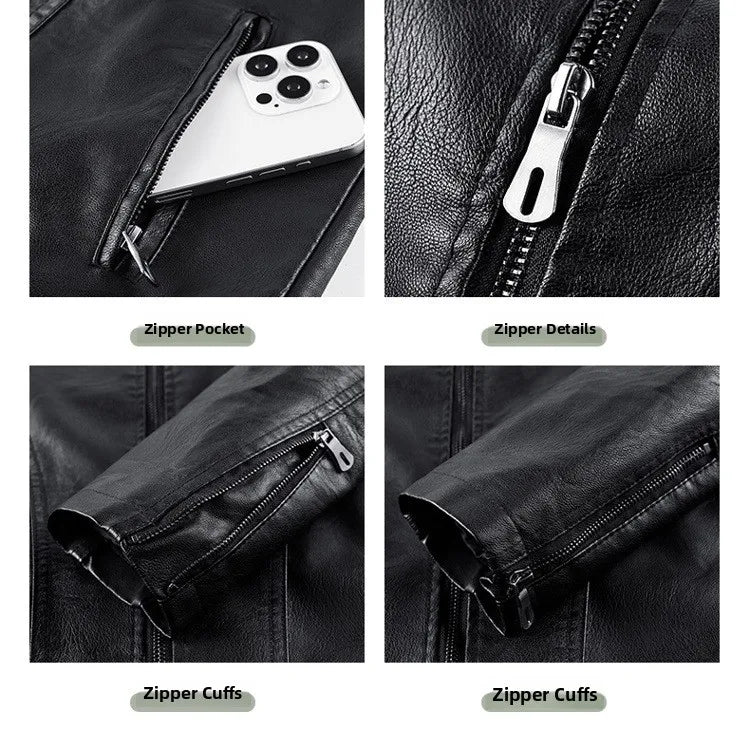 Men's Fashion Motorcycle Style Leather Jacket Autumn Winter Slim Fit Zipper Closure Casual Korean Large Size Coat Outerwear