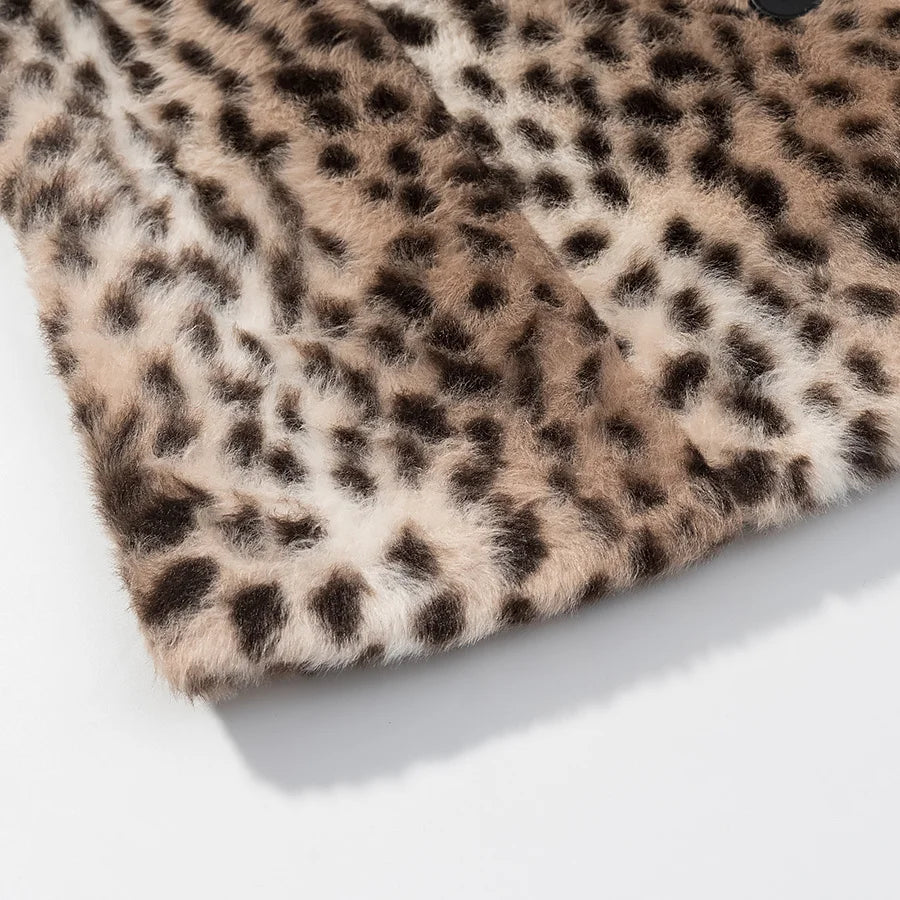 Retro Leopard Faux Fur Short Coat Lady Chic O-neck Single Button Placket Spotted Dot Cropped Long Sleeve Outerwear Street Jacket