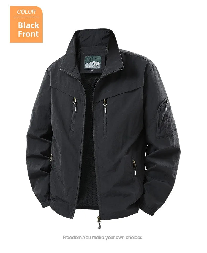 Spring Autumn Men's Jacket Thin Outdoor Fishing Travel Loose Casual Stand Collar Coat Versatile Trendy Large Size Polyester F...