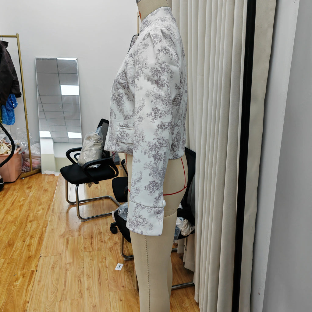 Printed Stand Collar Cropped Jacket Women Slim Open Front Short Coat2026 Autumn Long Sleeve Elegant Office Daily Commuter Outwea