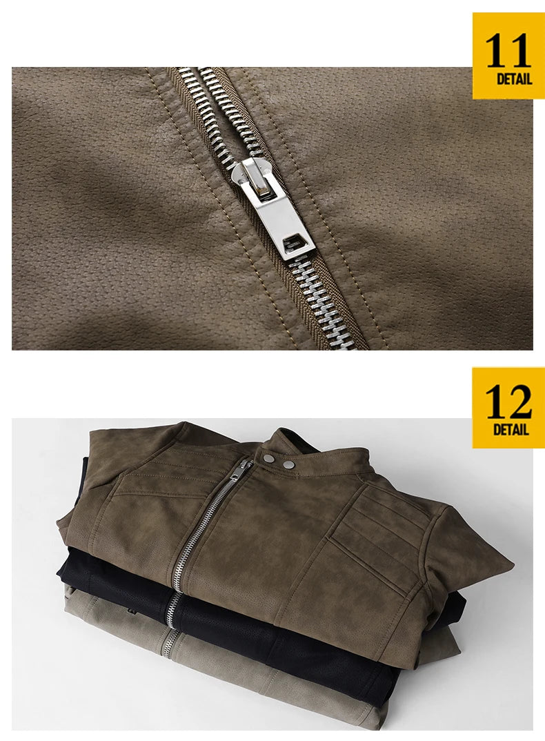 Men's PU Leather Jacket with Fleece Large Lapel Diagonal Front Zip Stand-Up Collar Autumn Winter Warm Casual Coat