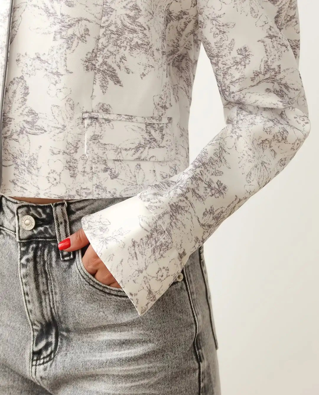 Printed Stand Collar Cropped Jacket Women Slim Open Front Short Coat2026 Autumn Long Sleeve Elegant Office Daily Commuter Outwea
