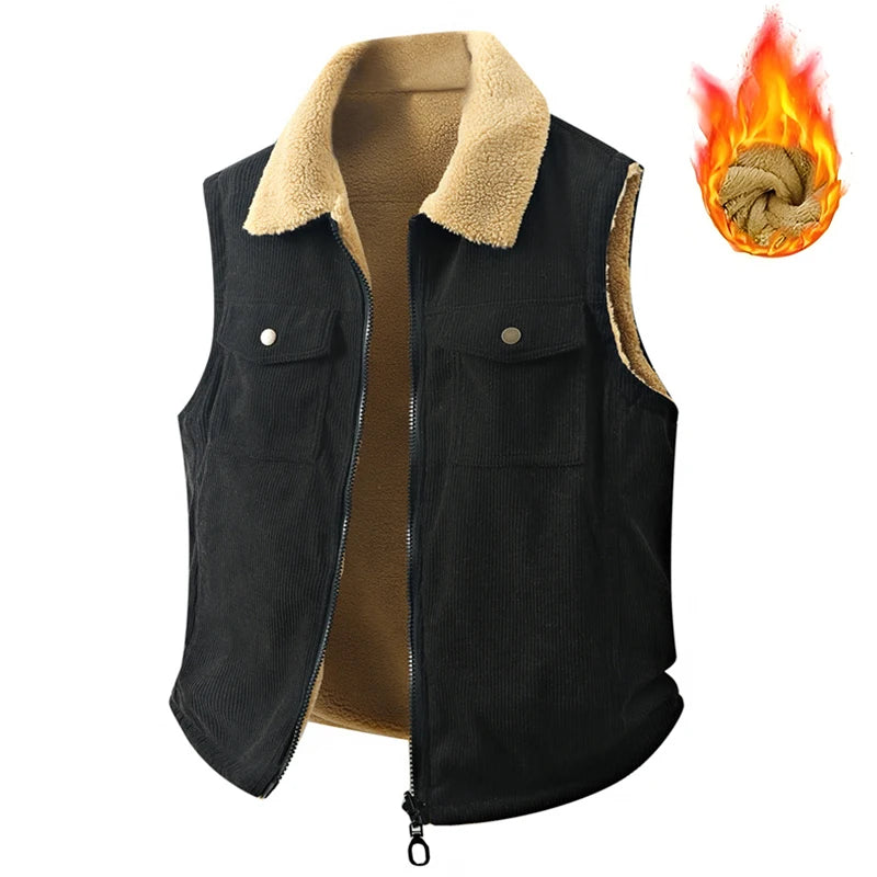 Winter New Men Fleece Warm Vest Men Thick Windproof Corduroy Waistcoats Autumn Outdoor Casual High Quality Sleeveless Vest Male