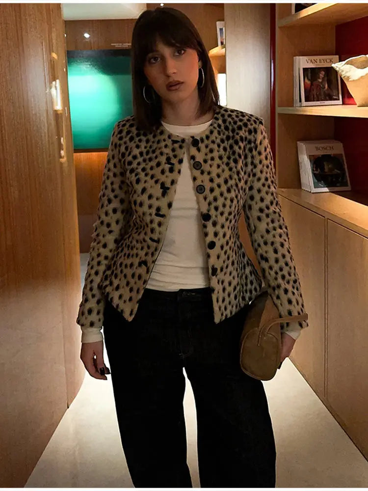 Retro Leopard Faux Fur Short Coat Lady Chic O-neck Single Button Placket Spotted Dot Cropped Long Sleeve Outerwear Street Jacket