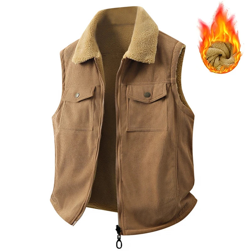 Winter New Men Fleece Warm Vest Men Thick Windproof Corduroy Waistcoats Autumn Outdoor Casual High Quality Sleeveless Vest Male