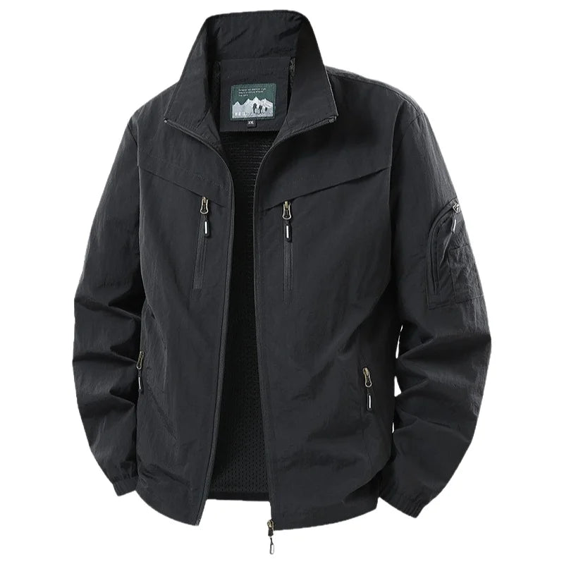 Spring Autumn Men's Jacket Thin Outdoor Fishing Travel Loose Casual Stand Collar Coat Versatile Trendy Large Size Polyester F...