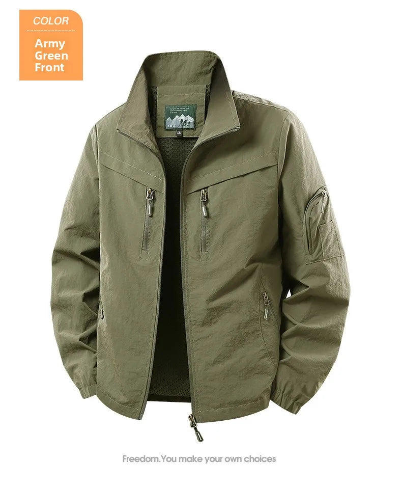 Spring Autumn Men's Jacket Thin Outdoor Fishing Travel Loose Casual Stand Collar Coat Versatile Trendy Large Size Polyester F...