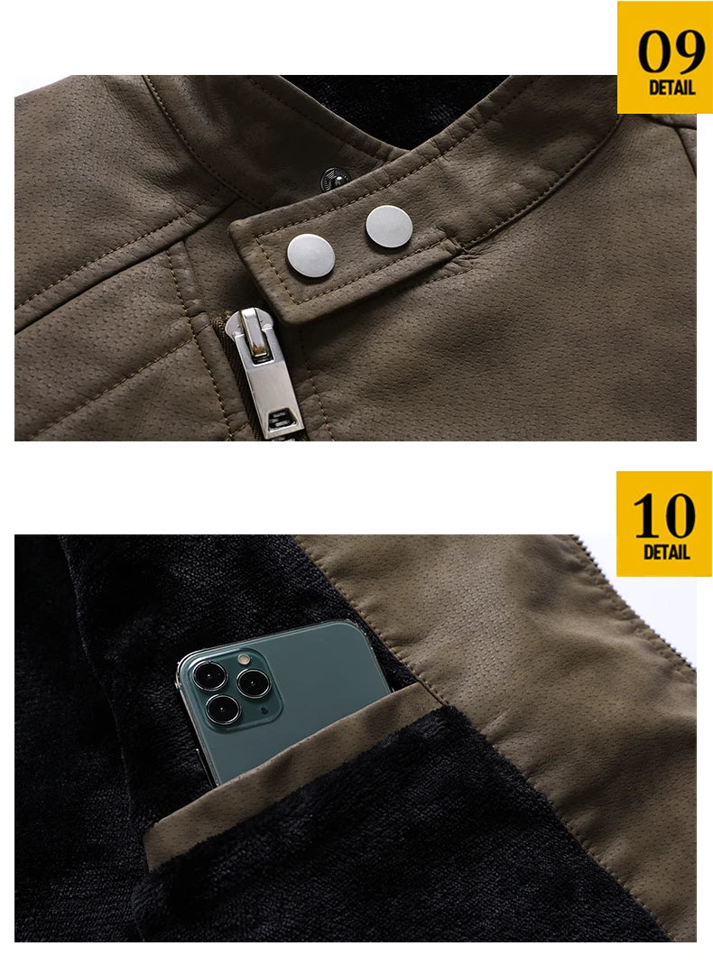 Men's PU Leather Jacket with Fleece Large Lapel Diagonal Front Zip Stand-Up Collar Autumn Winter Warm Casual Coat