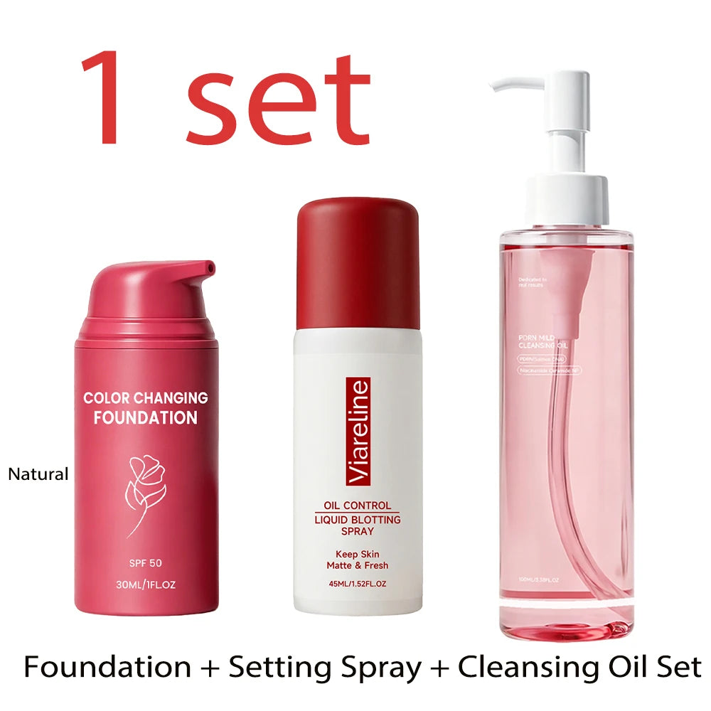 3-in-1 Makeup Kit Cleansing Oil Setting Spray Foundation Matte Long-Lasting Gentle Hydrating Natural Finish Daily Set